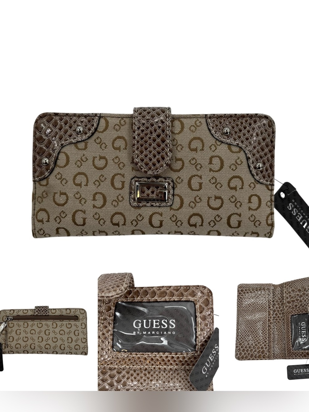 Guess Tan Signature Monagramed Print Wallet Checkbook Cardholder NWT Vintage